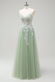 Sage A Line Spaghetti Straps Tulle Long Prom Dress with Appliques