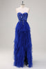 Load image into Gallery viewer, Royal Blue A-Line Strapless Sequin Ruffles Tulle Long Prom Dress with Slit