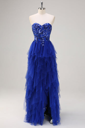 Royal Blue A-Line Strapless Sequin Ruffles Tulle Long Prom Dress with Slit