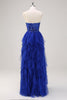 Load image into Gallery viewer, Royal Blue A-Line Strapless Sequin Ruffles Tulle Long Prom Dress with Slit