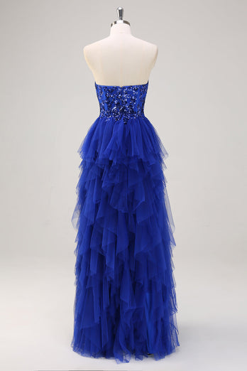 Royal Blue A-Line Strapless Sequin Ruffles Tulle Long Prom Dress with Slit