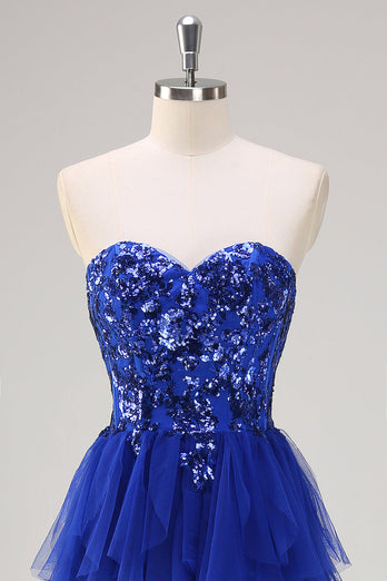 Royal Blue A-Line Strapless Sequin Ruffles Tulle Long Prom Dress with Slit