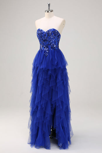 Royal Blue A-Line Strapless Sequin Ruffles Tulle Long Prom Dress with Slit