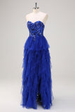 Royal Blue A-Line Strapless Sequin Ruffles Tulle Long Prom Dress with Slit
