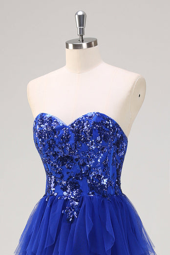 Royal Blue A-Line Strapless Sequin Ruffles Tulle Long Prom Dress with Slit