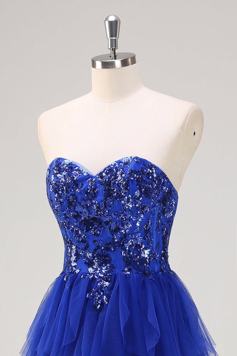 Load image into Gallery viewer, Royal Blue A-Line Strapless Sequin Ruffles Tulle Long Prom Dress with Slit