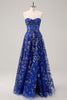 Load image into Gallery viewer, Royal Blue A Line Strapless Appliques Corset Long Prom Dress with Slit