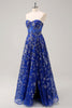 Load image into Gallery viewer, Royal Blue A Line Strapless Appliques Corset Long Prom Dress with Slit