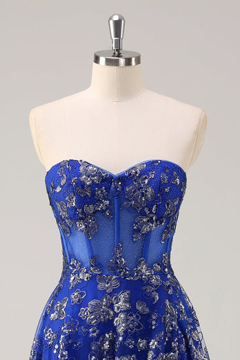 Royal Blue A Line Strapless Appliques Corset Long Prom Dress with Slit