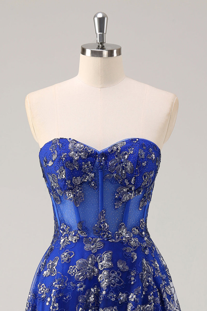 Load image into Gallery viewer, Royal Blue A Line Strapless Appliques Corset Long Prom Dress with Slit