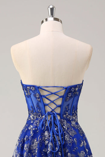 Royal Blue A Line Strapless Appliques Corset Long Prom Dress with Slit