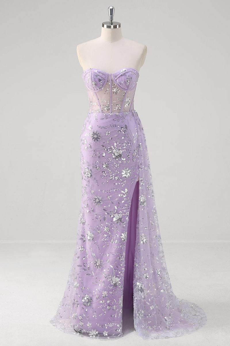 Load image into Gallery viewer, Light Purple Mermaid Strapless Corset Sequin Prom Dress With Slit