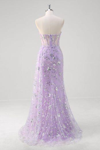 Light Purple Mermaid Strapless Corset Sequin Prom Dress With Slit