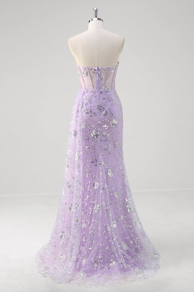 Load image into Gallery viewer, Light Purple Mermaid Strapless Corset Sequin Prom Dress With Slit