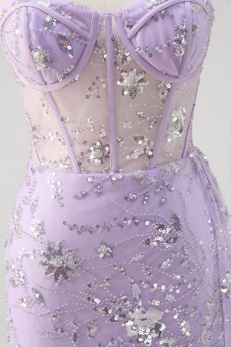 Load image into Gallery viewer, Light Purple Mermaid Strapless Corset Sequin Prom Dress With Slit