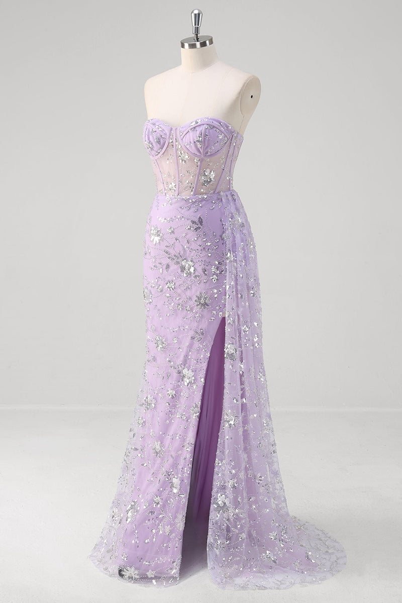 Load image into Gallery viewer, Light Purple Mermaid Strapless Corset Sequin Prom Dress With Slit