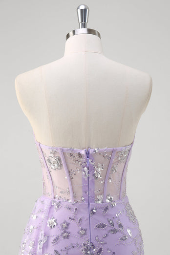 Light Purple Mermaid Strapless Corset Sequin Prom Dress With Slit