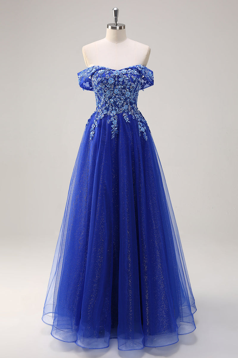 Load image into Gallery viewer, Royal Blue Tulle A-Line Off the Shoulder Sparkly Applique Long Prom Dress with Beading