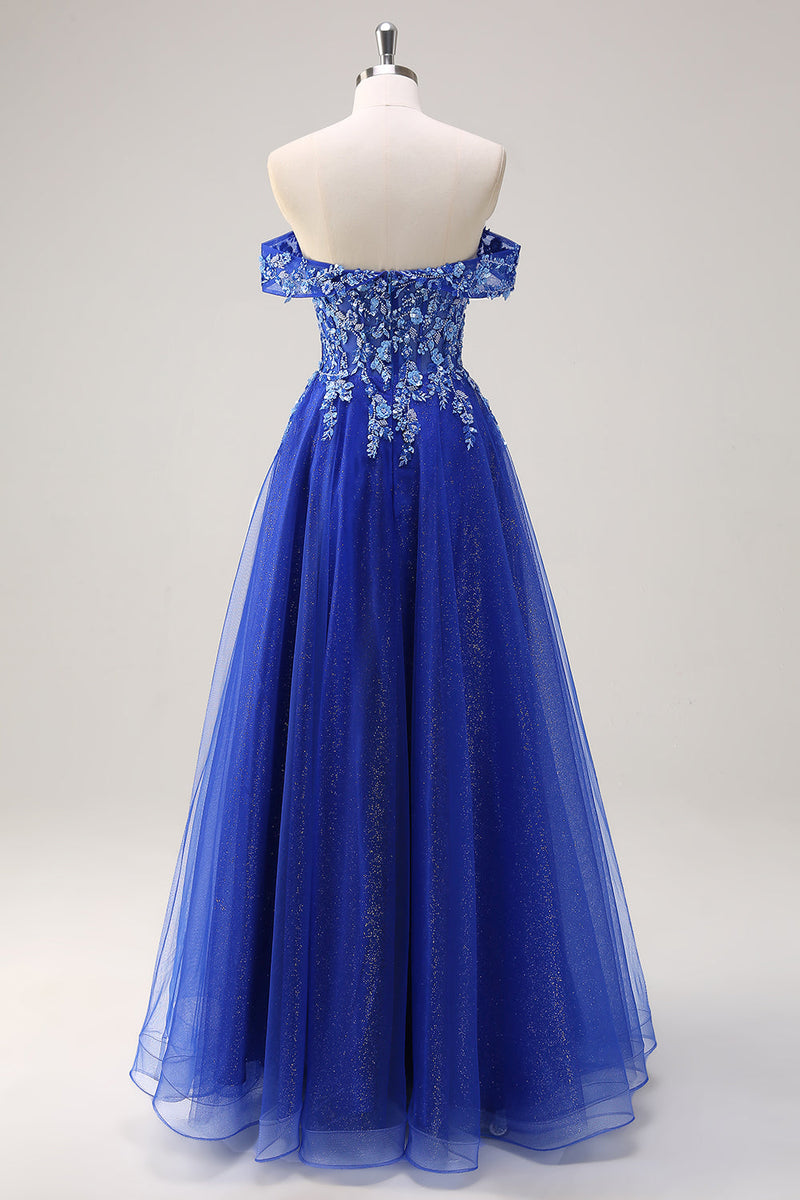 Load image into Gallery viewer, Royal Blue Tulle A-Line Off the Shoulder Sparkly Applique Long Prom Dress with Beading