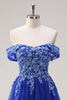 Load image into Gallery viewer, Royal Blue Tulle A-Line Off the Shoulder Sparkly Applique Long Prom Dress with Beading