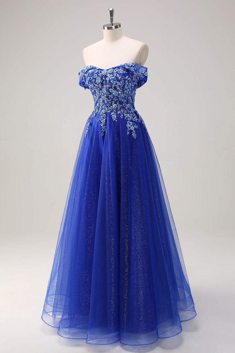 Load image into Gallery viewer, Royal Blue Tulle A-Line Off the Shoulder Sparkly Applique Long Prom Dress with Beading