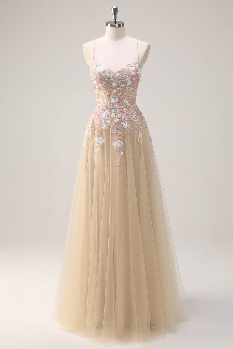 Load image into Gallery viewer, Sparkly Tulle Champagne A-Line Floral Sequin Prom Dress with Appliques