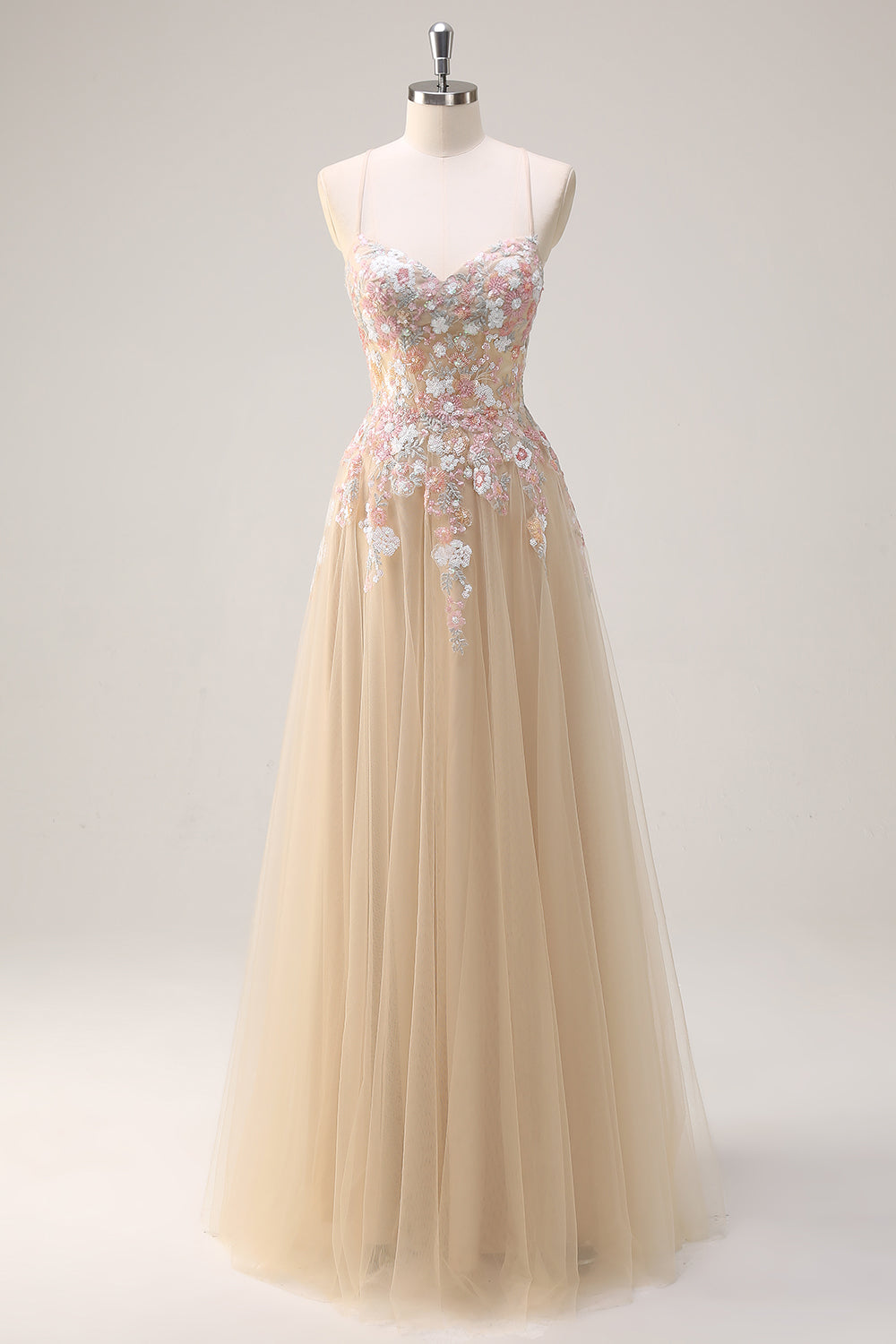 Sparkly Tulle Champagne A-Line Floral Sequin Prom Dress with Appliques