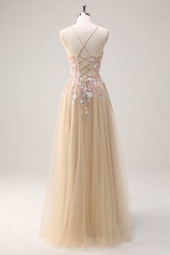 Sparkly Tulle Champagne A-Line Floral Sequin Prom Dress with Appliques