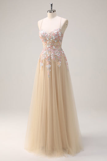 Sparkly Tulle Champagne A-Line Floral Sequin Prom Dress with Appliques