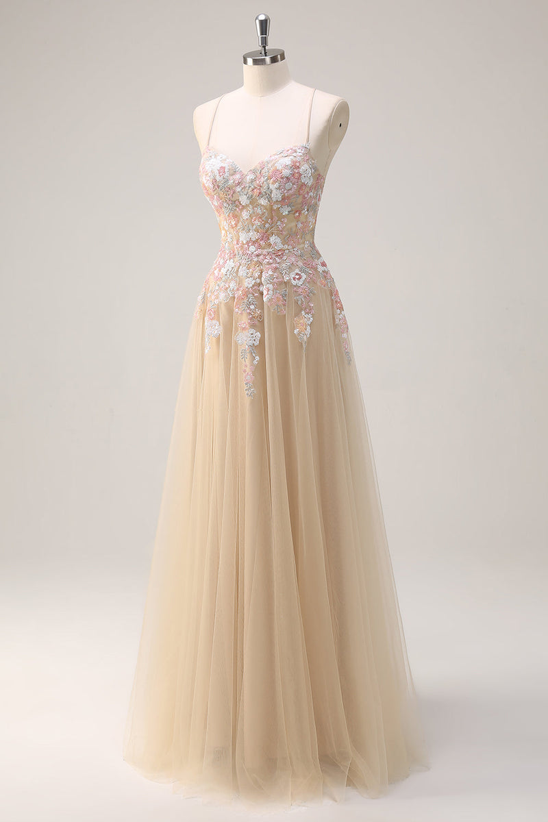 Load image into Gallery viewer, Sparkly Tulle Champagne A-Line Floral Sequin Prom Dress with Appliques