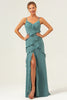 Load image into Gallery viewer, Eucalyptus Sheath Spaghetti Straps Ruffle Long Bridesmaid Dress with Slit