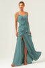 Load image into Gallery viewer, Eucalyptus Sheath Spaghetti Straps Ruffle Long Bridesmaid Dress with Slit