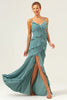 Load image into Gallery viewer, Eucalyptus Sheath Spaghetti Straps Ruffle Long Bridesmaid Dress with Slit