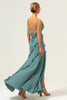 Load image into Gallery viewer, Eucalyptus Sheath Spaghetti Straps Ruffle Long Bridesmaid Dress with Slit