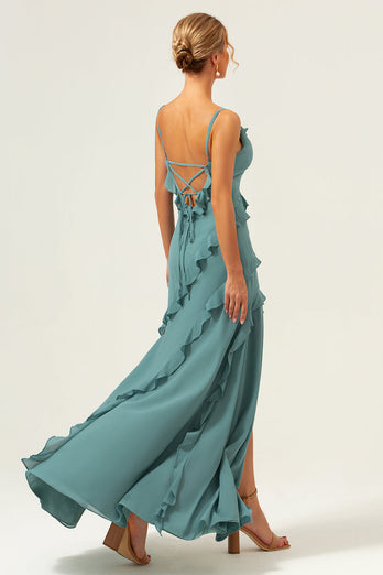 Eucalyptus Sheath Spaghetti Straps Ruffle Long Bridesmaid Dress with Slit