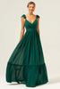 Load image into Gallery viewer, Dark Green A Line V-Neck Ruched Chiffon Long Bridesmaid Dress