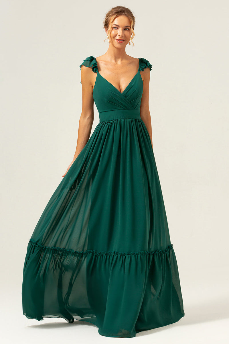 Load image into Gallery viewer, Dark Green A Line V-Neck Chiffon Long Bridesmaid Dress