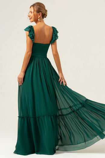 Dark Green A Line V-Neck Chiffon Long Bridesmaid Dress