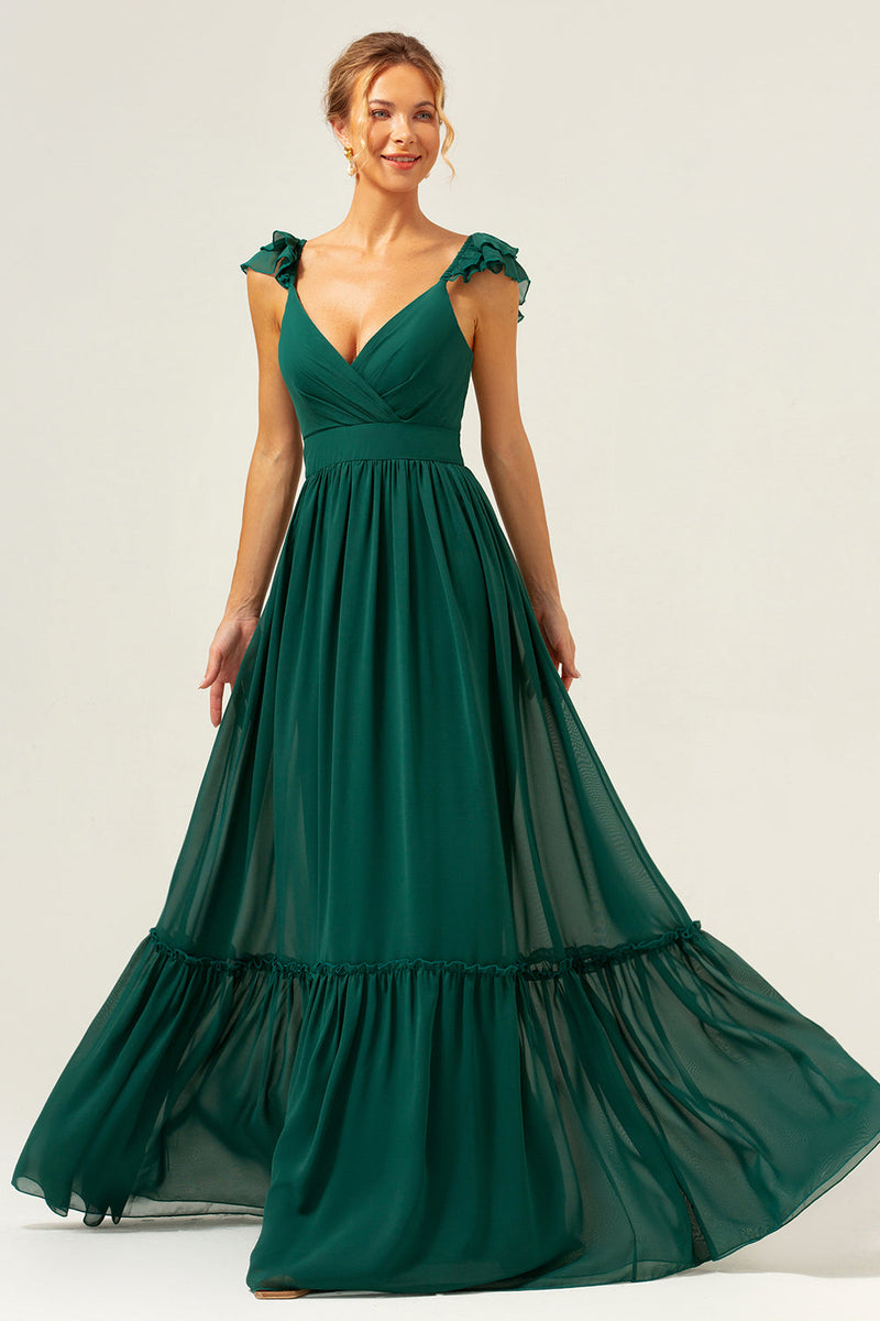 Load image into Gallery viewer, Dark Green A Line V-Neck Ruched Chiffon Long Bridesmaid Dress