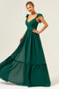 Load image into Gallery viewer, Dark Green A Line V-Neck Ruched Chiffon Long Bridesmaid Dress