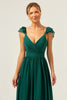 Load image into Gallery viewer, Dark Green A Line V-Neck Ruched Chiffon Long Bridesmaid Dress