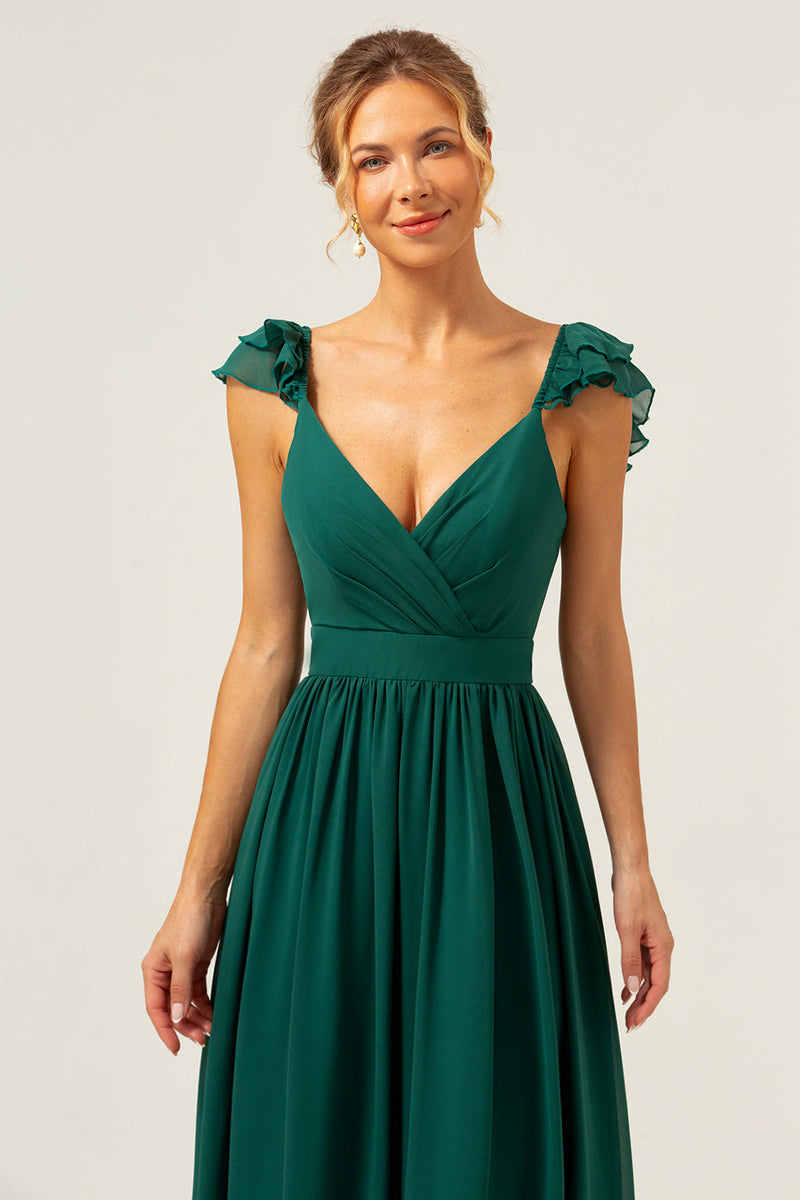 Load image into Gallery viewer, Dark Green A Line V-Neck Ruched Chiffon Long Bridesmaid Dress