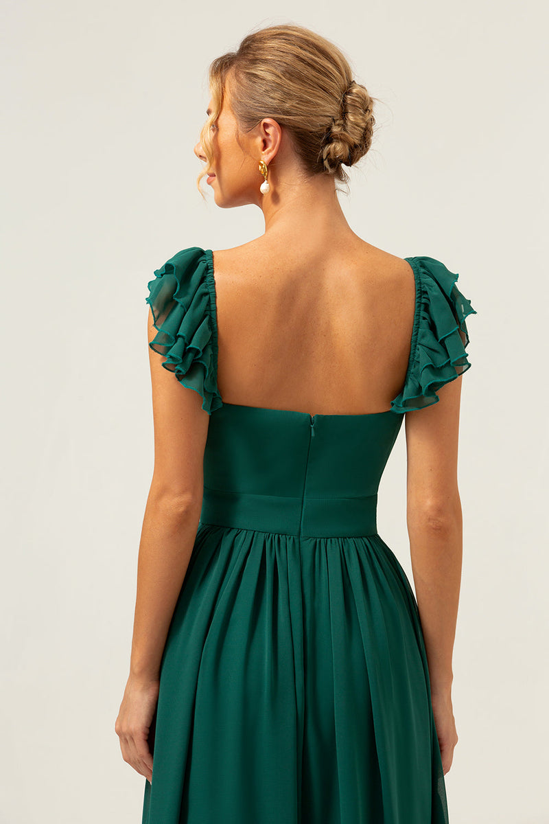 Load image into Gallery viewer, Dark Green A Line V-Neck Ruched Chiffon Long Bridesmaid Dress