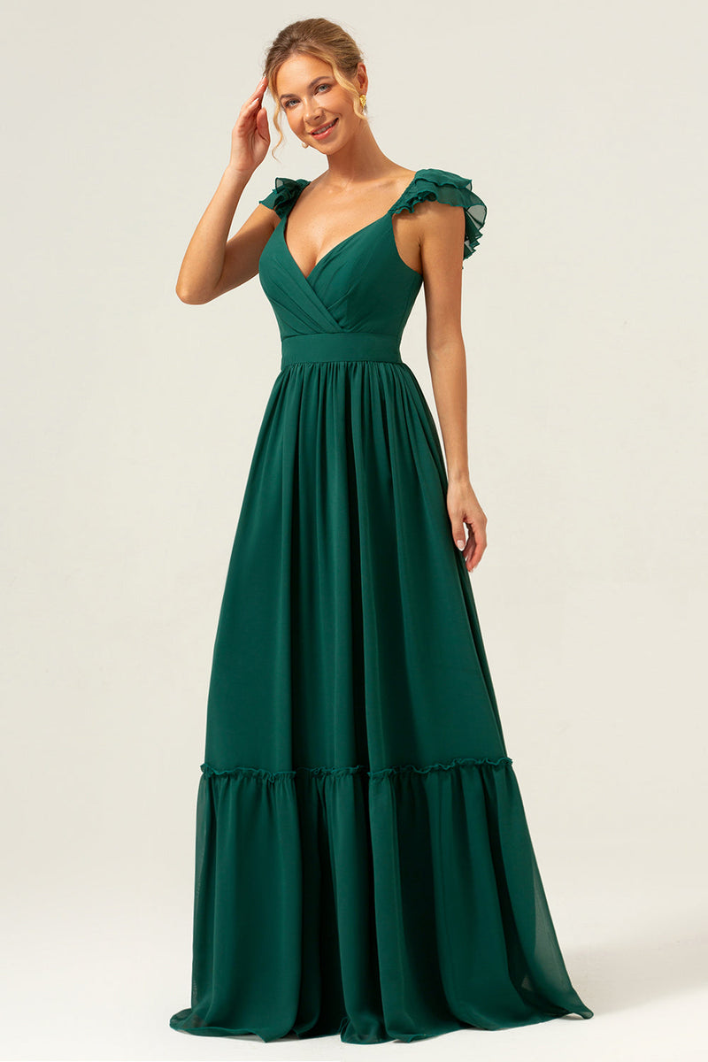 Load image into Gallery viewer, Dark Green A Line V-Neck Ruched Chiffon Long Bridesmaid Dress