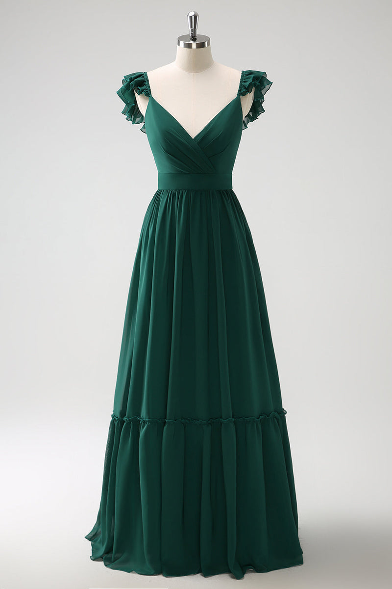 Load image into Gallery viewer, Dark Green A Line V-Neck Ruched Chiffon Long Bridesmaid Dress