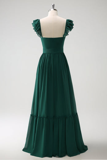 Dark Green A Line V-Neck Chiffon Long Bridesmaid Dress