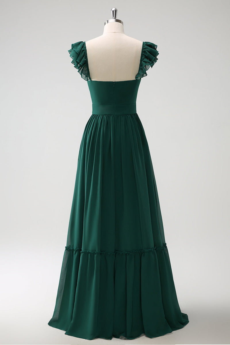 Load image into Gallery viewer, Dark Green A Line V-Neck Chiffon Long Bridesmaid Dress