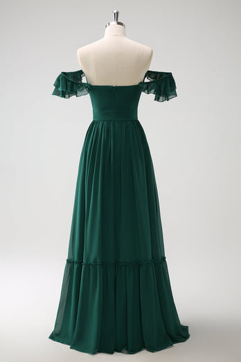 Dark Green A Line V-Neck Chiffon Long Bridesmaid Dress