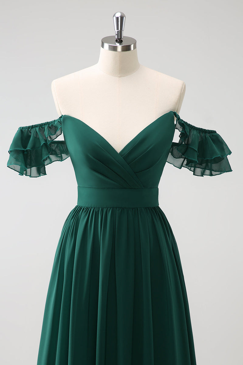 Load image into Gallery viewer, Dark Green A Line V-Neck Chiffon Long Bridesmaid Dress