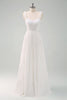 Load image into Gallery viewer, A-Line White Spaghetti Straps Pleated Long Prom Dress with Bow